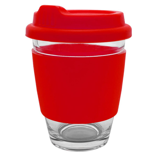 A glass coffee cup with a red silicone sleeve and lid. It features a clear glass design and a logo on the sleeve.