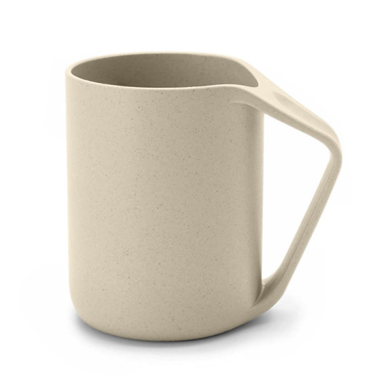 A reusable coffee cup in beige with a sturdy handle and a simple, modern design. It features a logo.