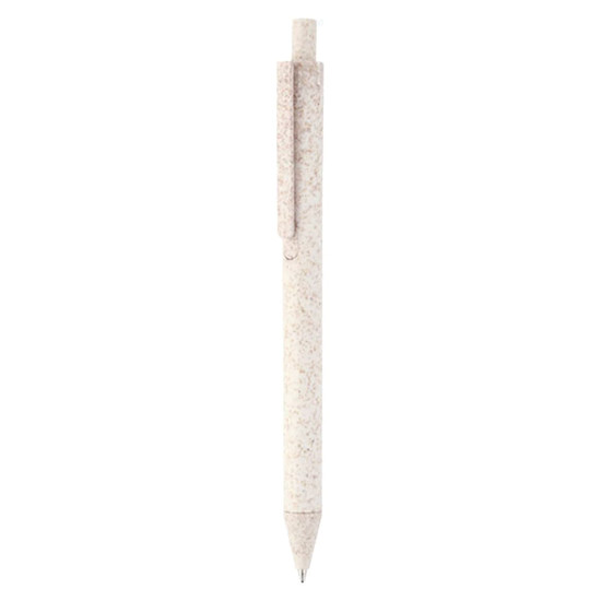 A white eco-friendly plastic pen with a clip. The pen has a textured finish and features a branding logo.