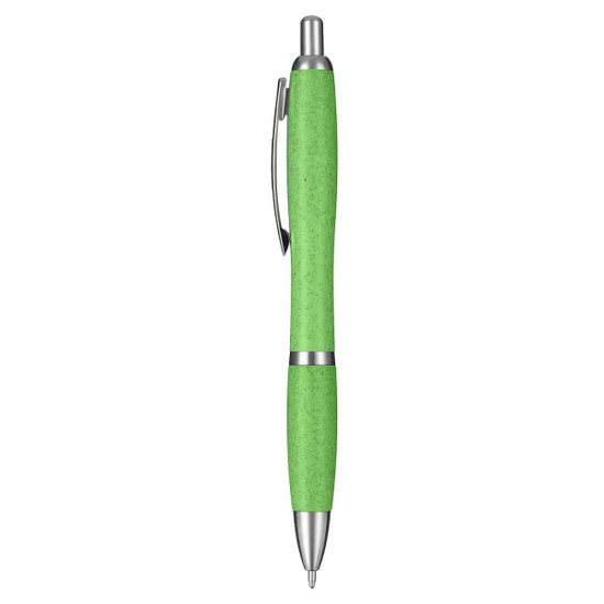 A green eco pen with a silver clip and accents, featuring a smooth writing tip. The pen has a subtle texture.