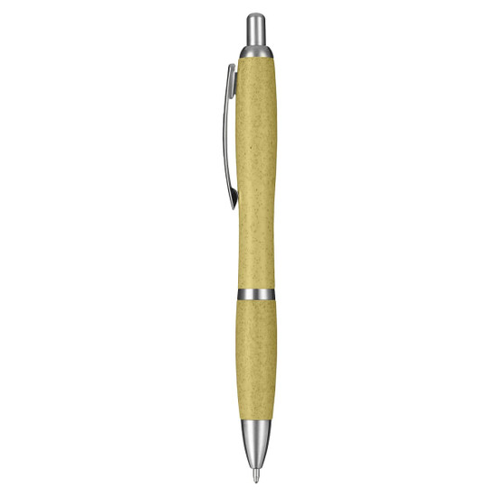 A yellow eco-friendly plastic pen with silver accents and a clip. The pen features a simple design and a logo.