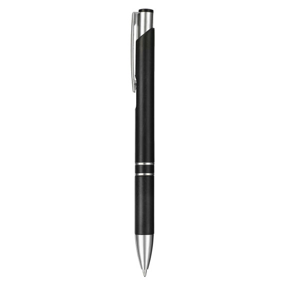 A black eco-friendly pen with silver accents and a logo. Suitable for writing purposes.