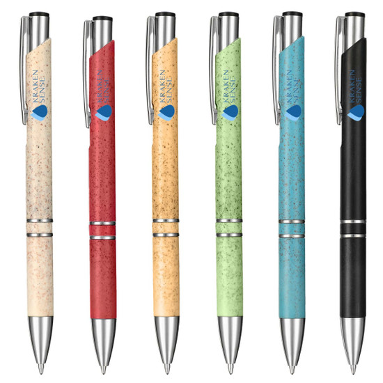 A range of eco-friendly plastic pens in red, blue, green, black, cream, and tan, each featuring a logo.