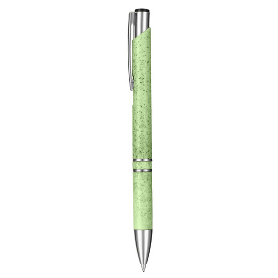 A green eco-friendly plastic pen with a silver clip and detailing. It features a logo on the barrel.