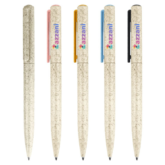 A collection of Zara Eco Pens in various colours: pink, orange, blue, and black, featuring a logo on each pen.