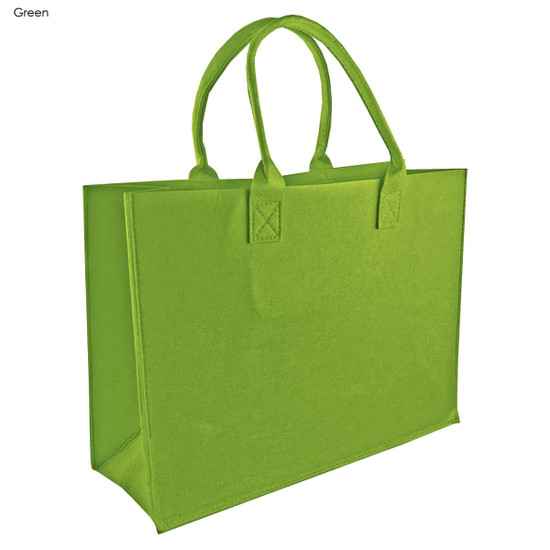 A green tote bag with two handles and a structured design, featuring a logo on one side.