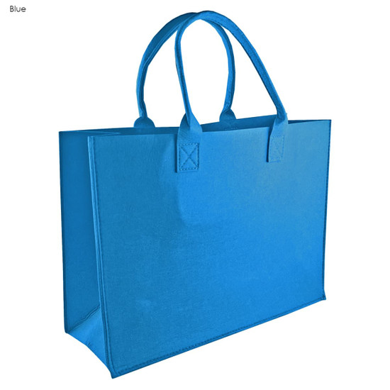 A blue felt tote bag with two handles, featuring a simple design and a logo on one side.