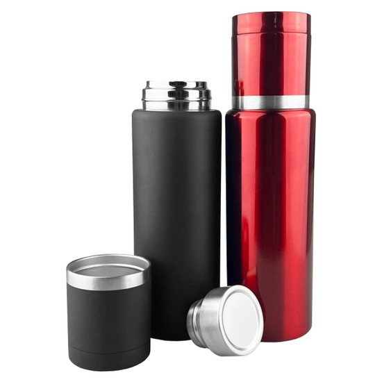 A drink bottle set featuring a sleek black flask, a shiny red flask, and a silver capped container. Each has a logo.