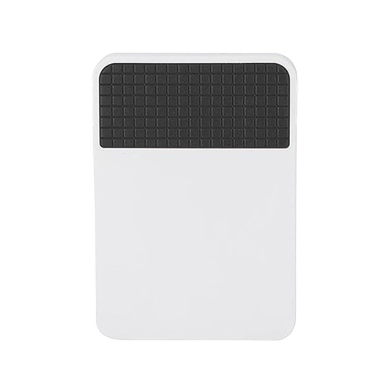 A white fridge magnet clip featuring a textured black grip at the top and a smooth surface below.