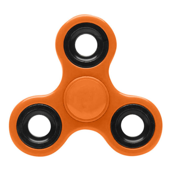An orange fidget spinner with black bearing caps, featuring a central circular hub and three smooth arms.