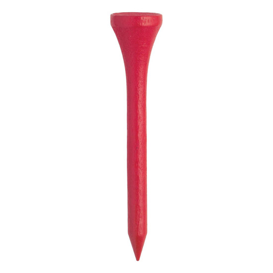 A single red golf tee with a tapered design and a flat top, featuring a logo.