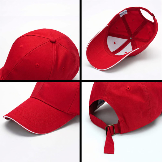 A red cotton sandwich cap featuring a curved brim and an adjustable back strap. It includes an inner lining and a logo.