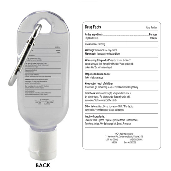 A clear 30ml gel hand sanitiser with a carabiner, featuring a white cap and a logo.