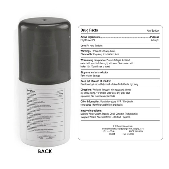 A 30ml hand sanitiser spray with a black cap and a white body, featuring a logo and safety information.