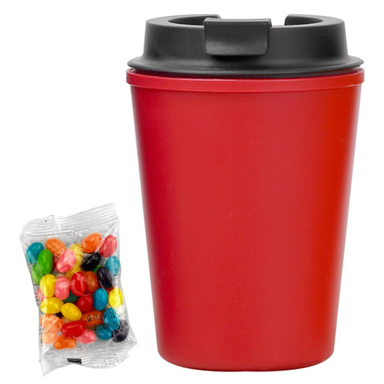 A drink bottle in vibrant red with a black lid, accompanied by a pack of colourful jelly beans.