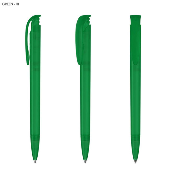 A set of three green plastic pens with matching clips, featuring a simple and sleek design.