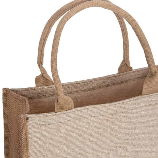 A tan reusable grocery bag with two sturdy handles and a simple, unlined design. It has a logo on one side.