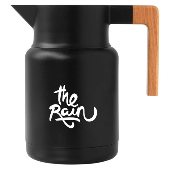 A drink bottle in matte black with a wooden handle and a logo on the front.