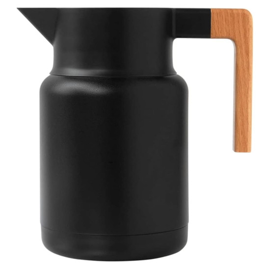 A drink bottle featuring a sleek black design with a wooden handle and a spout. It has a logo on the surface.