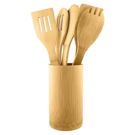 A bamboo cutlery set with a variety of utensils in a matching holder, featuring a warm, natural colour.