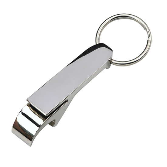 A drink bottle opener key ring in shiny silver metal with a smooth finish and a circular keyring attachment.