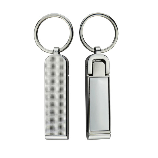A silver mobile stand and hanger key ring with a textured side and a smooth side, featuring a metal keyring.