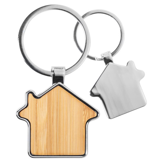 A bamboo house-shaped key ring with a silver metal key ring. Features a smooth wooden surface.