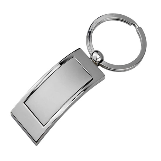 A silver key ring with a sleek, rectangular design and a circular attachment loop.