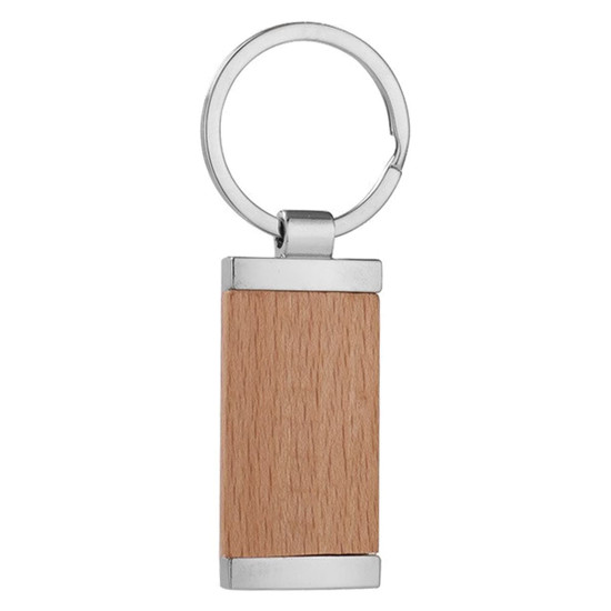 A wooden panel key ring with a silver metal frame and key attachment, featuring a natural wood finish.