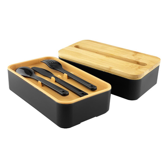 A black bamboo lunch box with a bamboo lid, featuring utensils in orange inserts. Includes a fork, spoon, and knife.