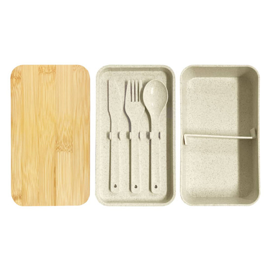 A wheat straw lunch box pack in beige with a bamboo lid and included utensils: fork, knife, and spoon.