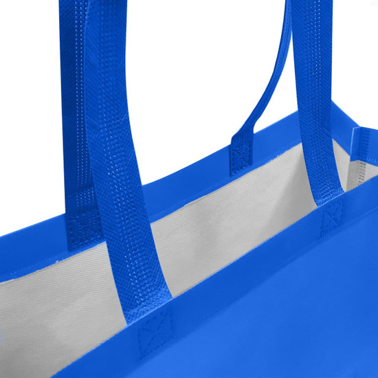 A blue laminated non-woven trade show bag with two handles and a white interior. Features branding.
