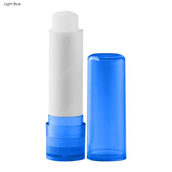 A light blue lip balm stick with a white balm inside and a matching blue cap. It features a logo on the container.