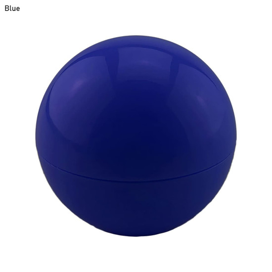 A blue lip balm ball with a shiny, rounded exterior and a branding logo on the surface.