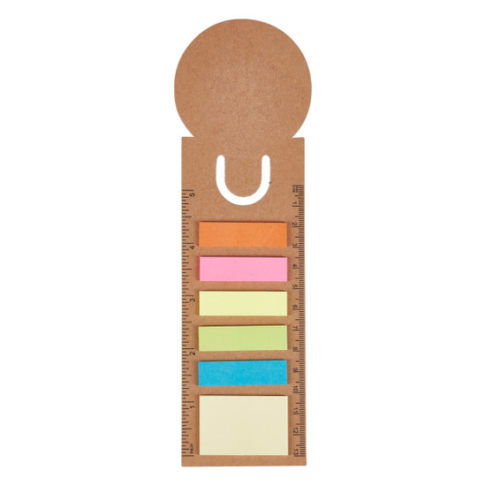 A sticky note pad in brown with a ruler design and colourful sticky notes in pink, orange, blue, green, and yellow.