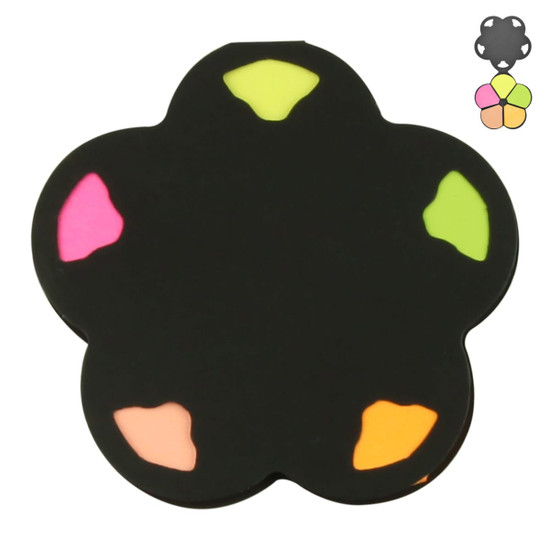 A flower-shaped sticky note pad in black with bright pink, orange, yellow, and green note sections. It has a logo.