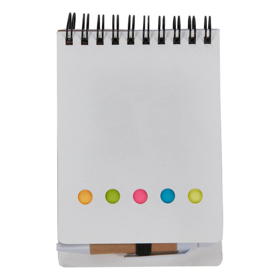 A spiral-bound sticky note pad in white with colourful dots at the top: pink, yellow, and green.
