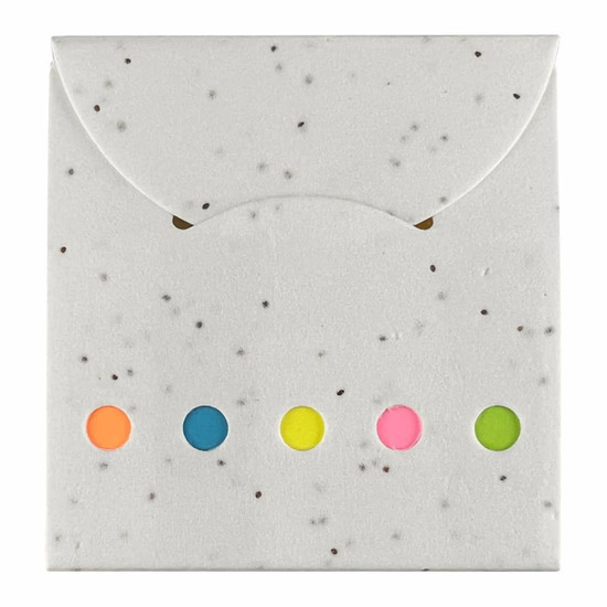 A square sticky note pad with a speckled white cover and colourful tabs in pink, yellow, blue, orange, and green.
