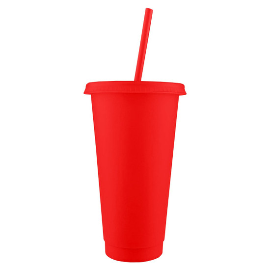 A red tumbler with a straw and lid, featuring a smooth surface and a branding logo.