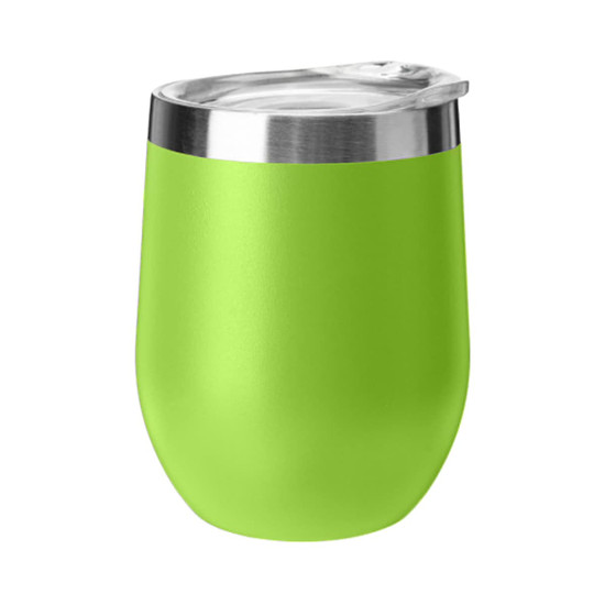 A green travel mug with a stainless steel lid, featuring a smooth matte finish and a logo.
