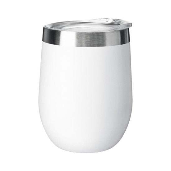 A drink bottle in sleek white with a stainless steel lid, designed for hot or cold beverages. Features a logo.