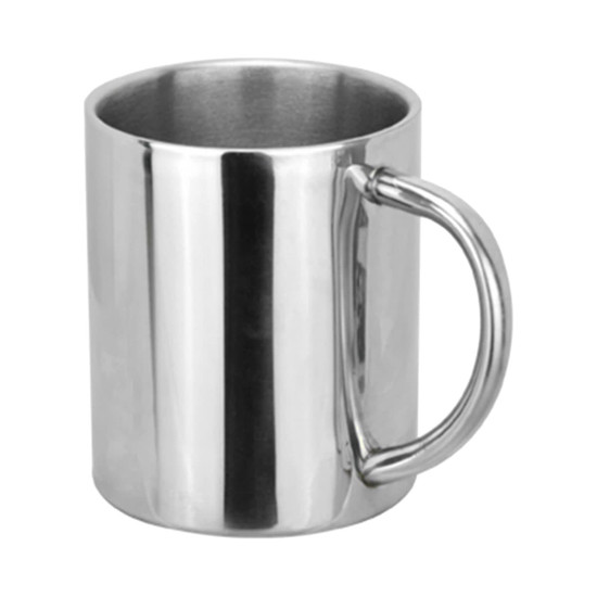 A stainless steel coffee mug with a sleek, polished finish and a sturdy handle. It features a simple design and branding.