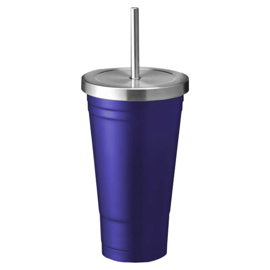 A drink bottle featuring a dark purple body and a stainless steel lid with a straw. It has a logo visible.