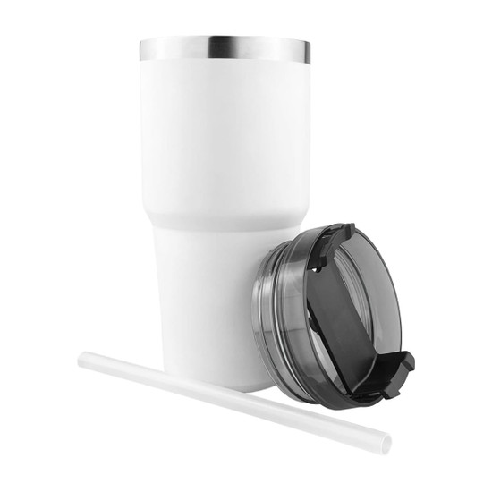 A drink tumbler in white with a stainless steel lid, a black straw, and a transparent lid attachment.
