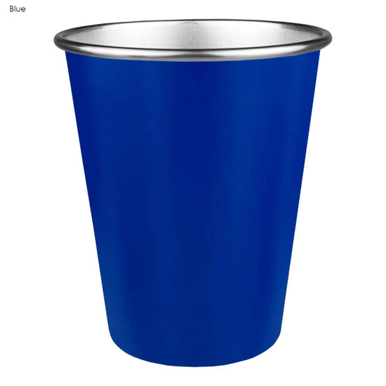 A drink bottle in blue with a metallic silver rim, featuring a logo on its surface.
