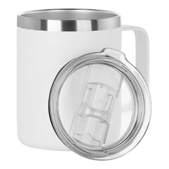A white travel mug with a stainless steel rim and a clear lid. It features a sturdy handle and a smooth surface.