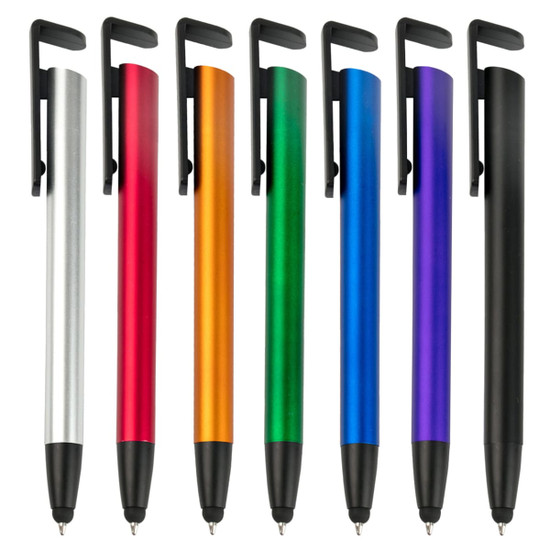A collection of seven stylus pens in silver, red, orange, green, blue, purple, and black, each with a clip and rubber tip.