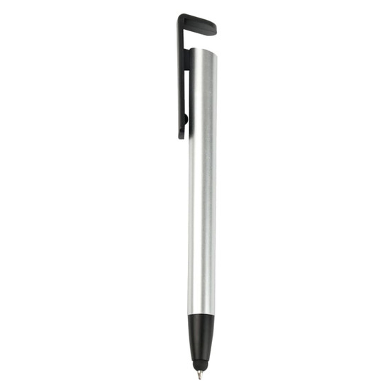 A stylus pen with a metallic silver body, black tip, and a black clip, featuring branding.