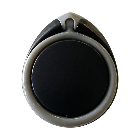 A round phone stand in black with a grey outer ring, featuring a branding logo on the surface.