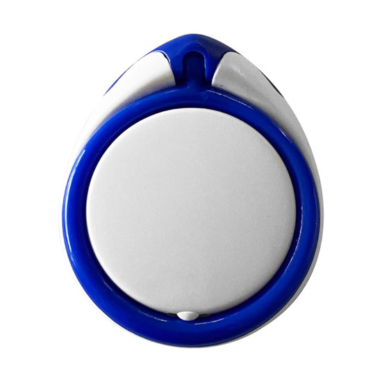 A phone stand in white and blue, featuring a circular design with a central button and a branding logo.